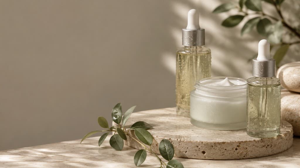 Sérums et crème hydratante Luméra sur pierre naturelle — beauté clean